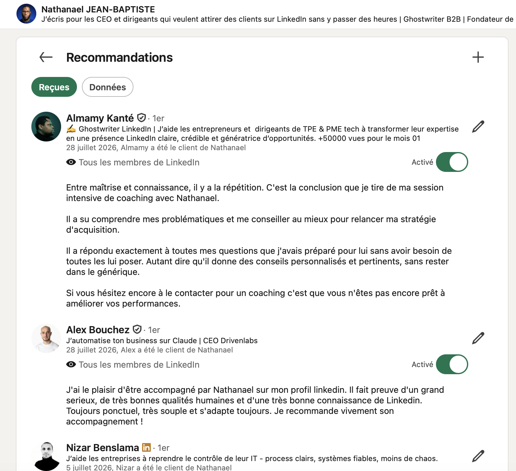 Capture des recommandations reçues sur LinkedIn